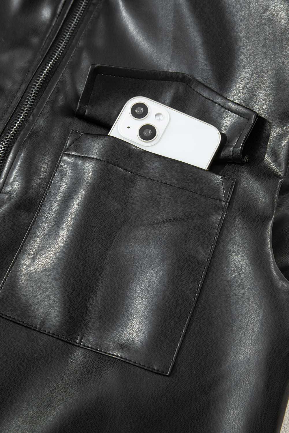 Black Double Flap Pocket Faux Leather Zip Up Stand Neck Vest