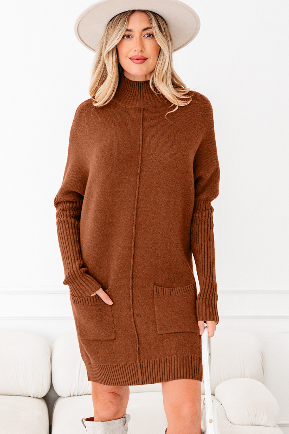 Fiery Red Ribbed High Neck Front Pockets Center Seam Shift Sweater Dress