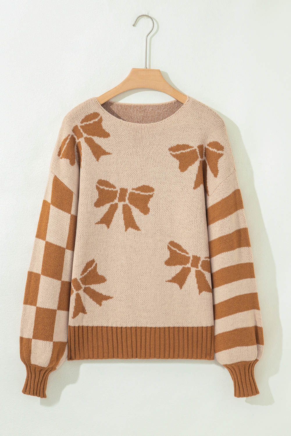 Straw Yellow Ribbon Bow Print Checkered Striped Sleeve Drop Shoulder Sweater