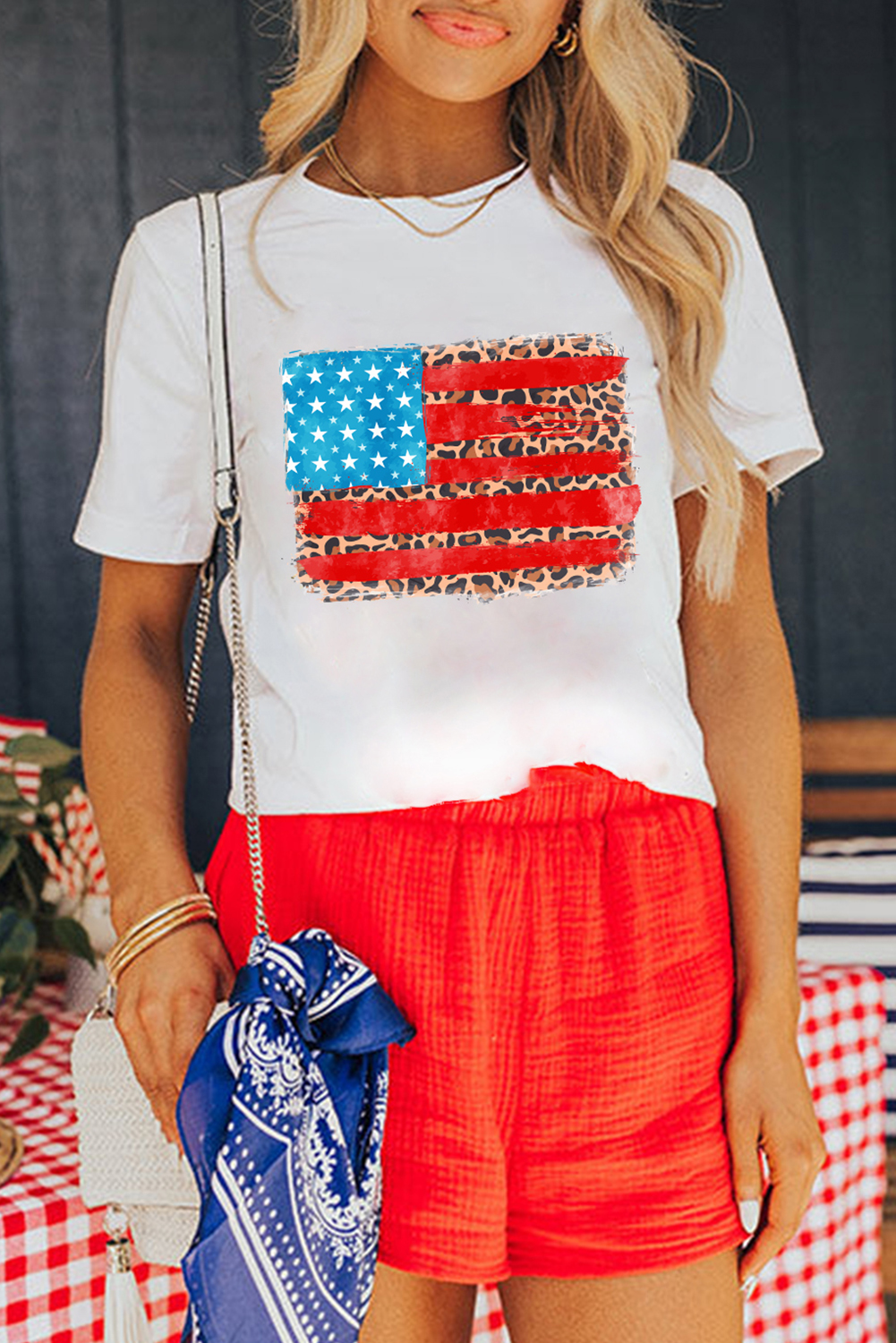 White Leopard Insert American Flag Pattern Cotton Blend T Shirt