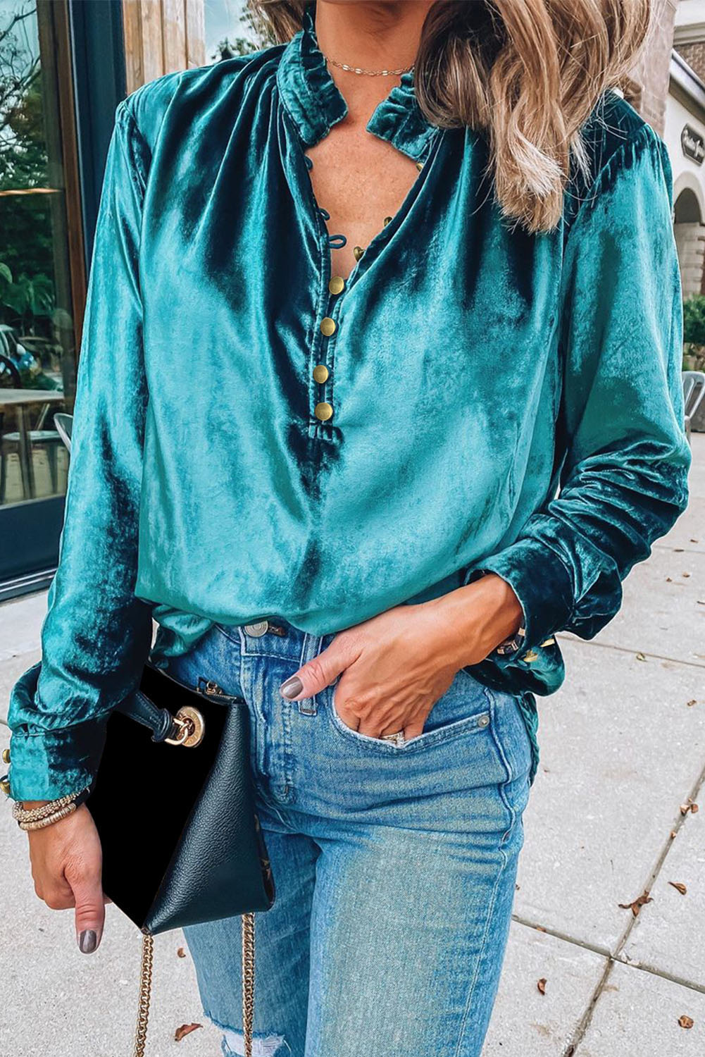 Burgundy Frilled Neck Buttoned Front Velvet Top