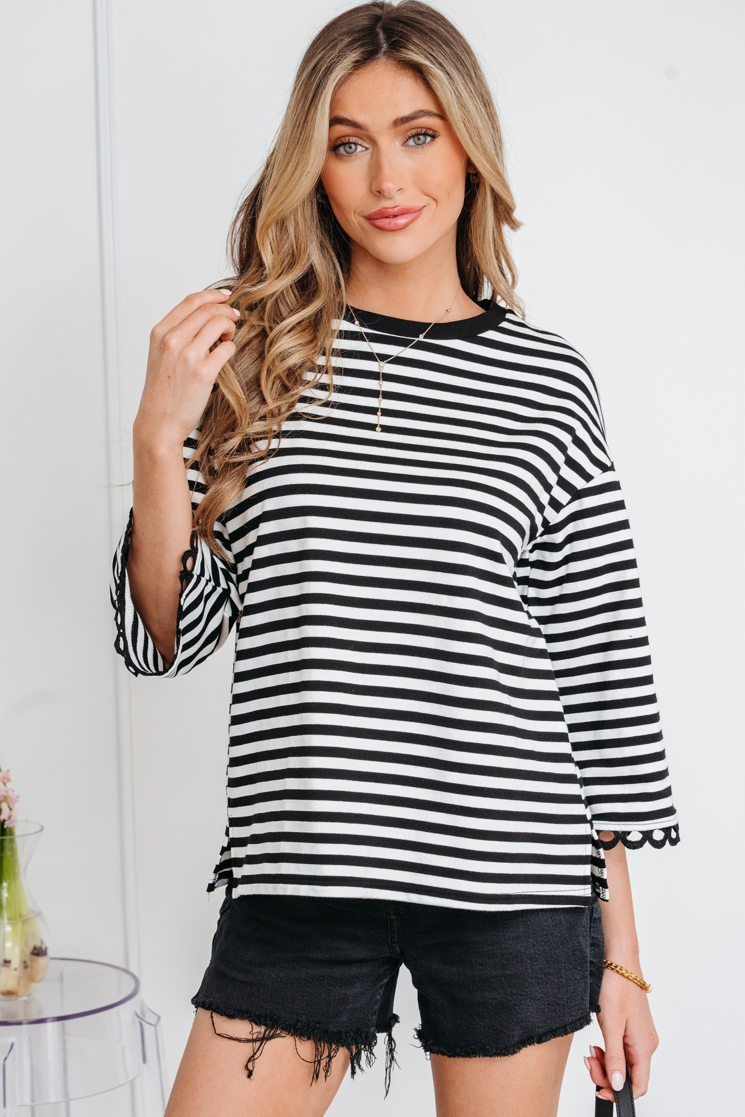 Racing Red Striped Print Drop Shoulder Lace Trim Bracelet Sleeve Loose Top