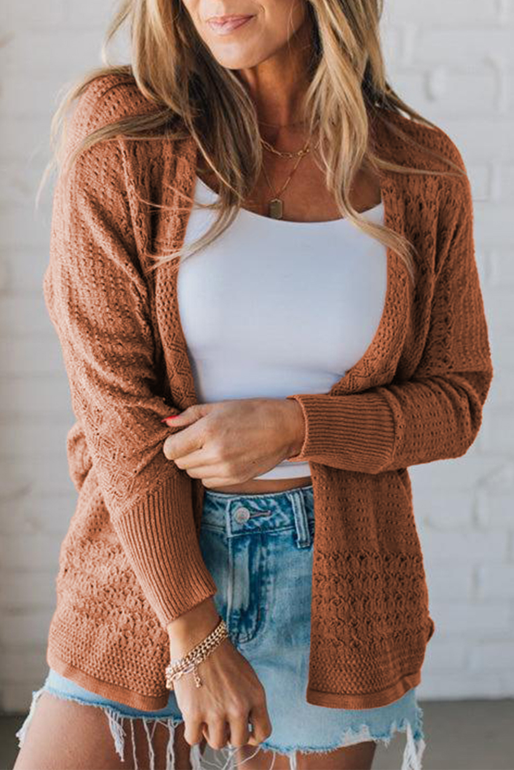 Redwood Burl Mixed Pattern Knitted Open Front Plus Cardigan