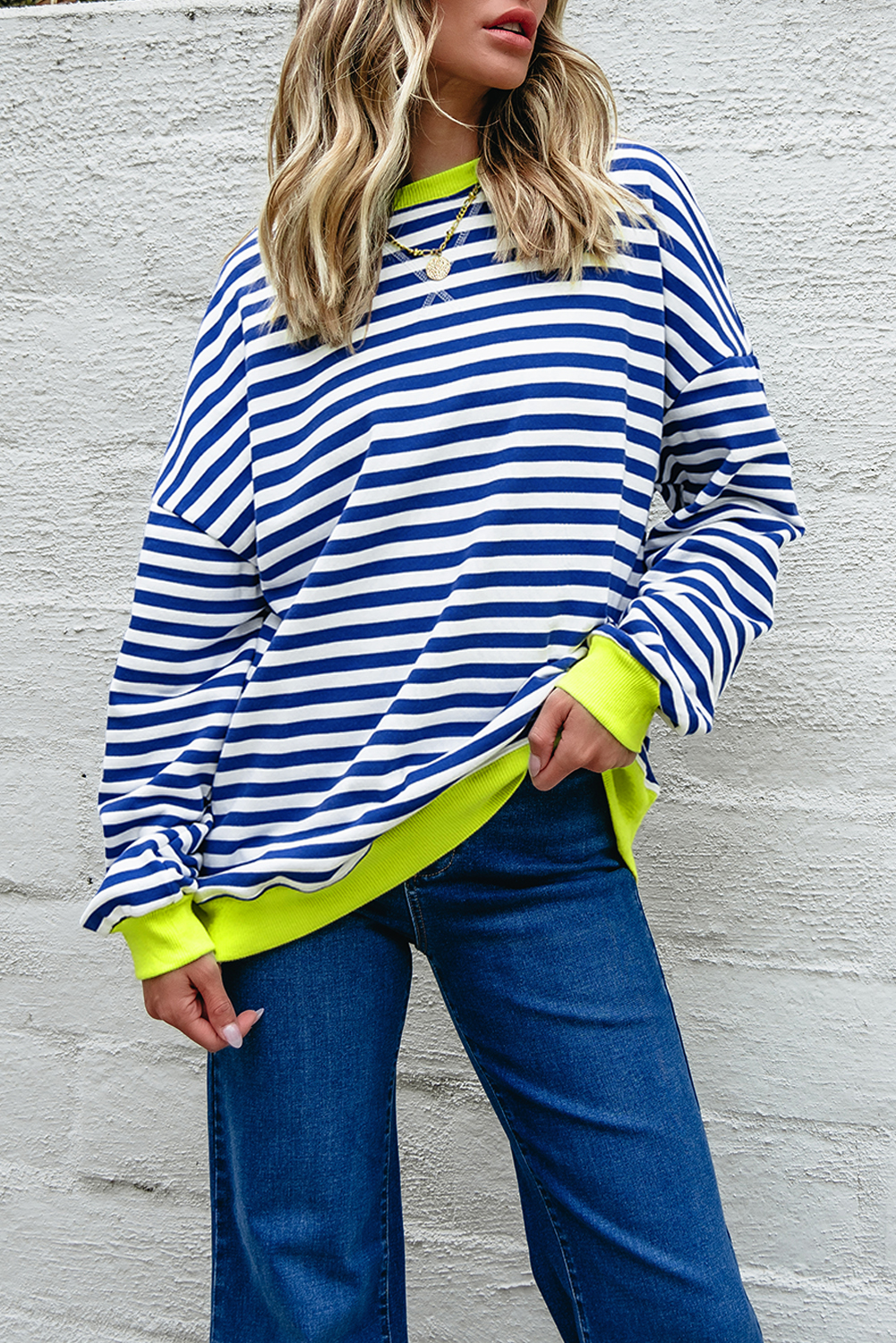 Red Stripe Contrast Ribbed Trim Crossed Stitch Drop Shoulder Sweatshirt