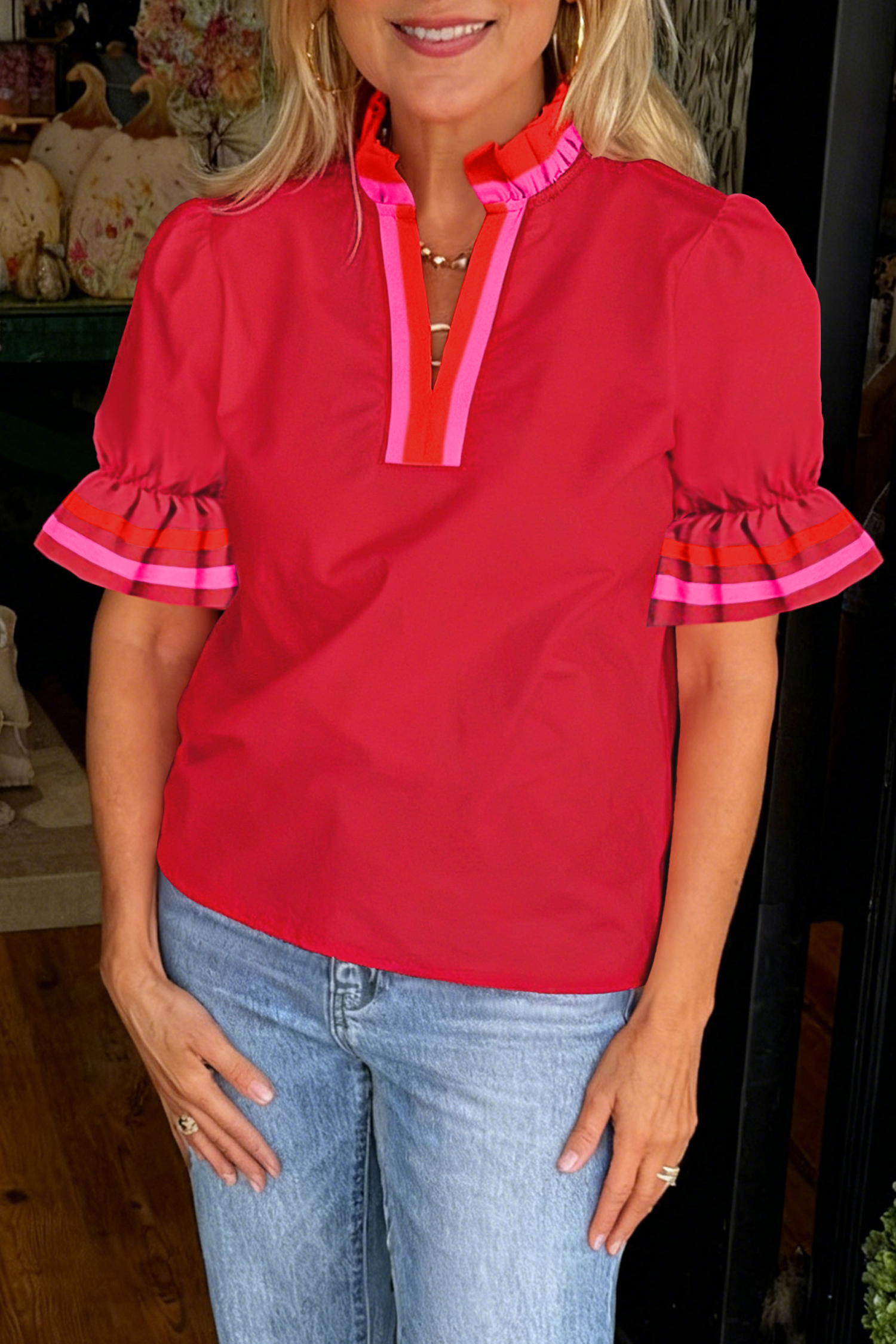Four Leaf Clover Striped Trim Ruffle Split Neck Long Sleeve Blouse