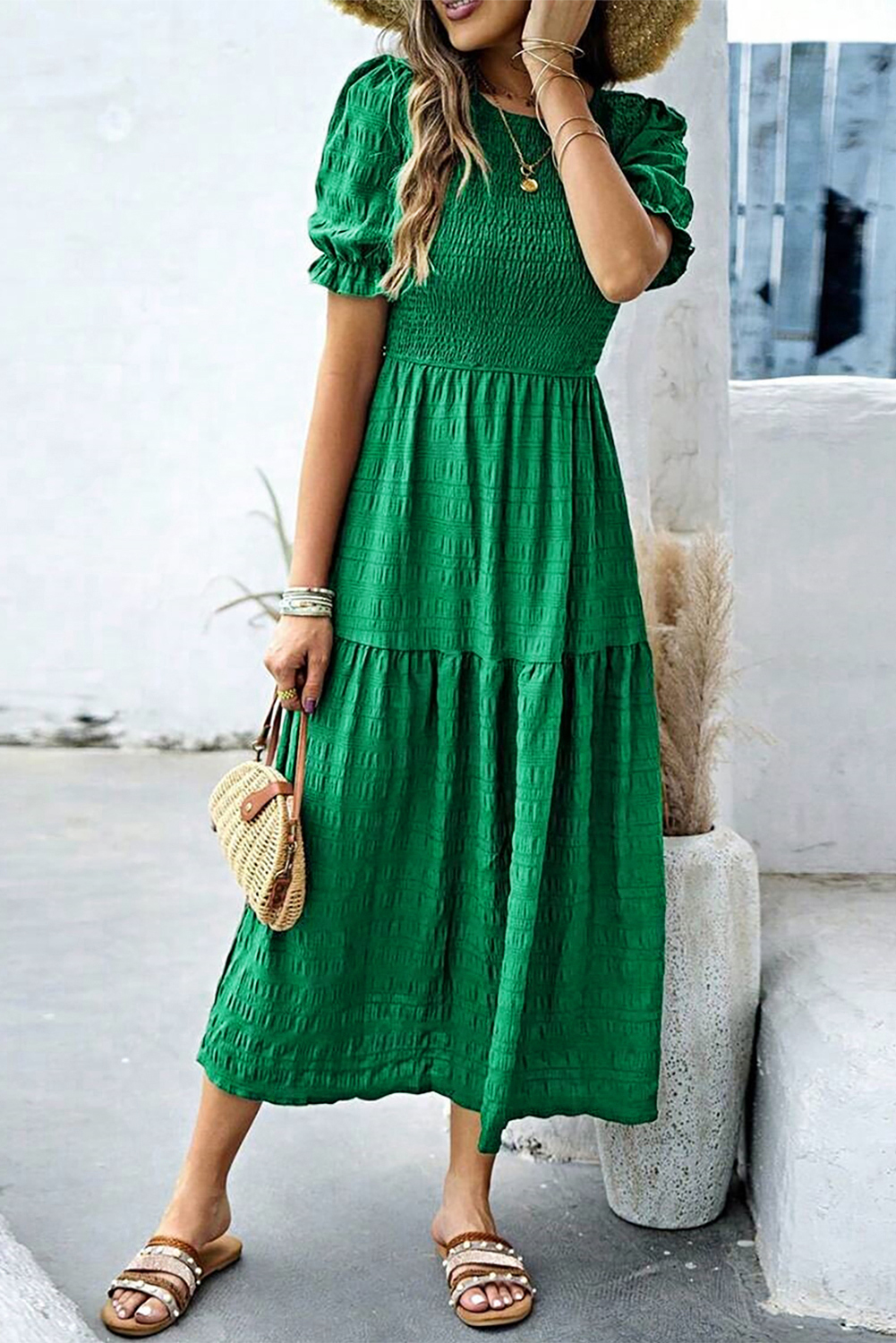 Dark Green Textured Ruffled Sleeve Round Neck Top