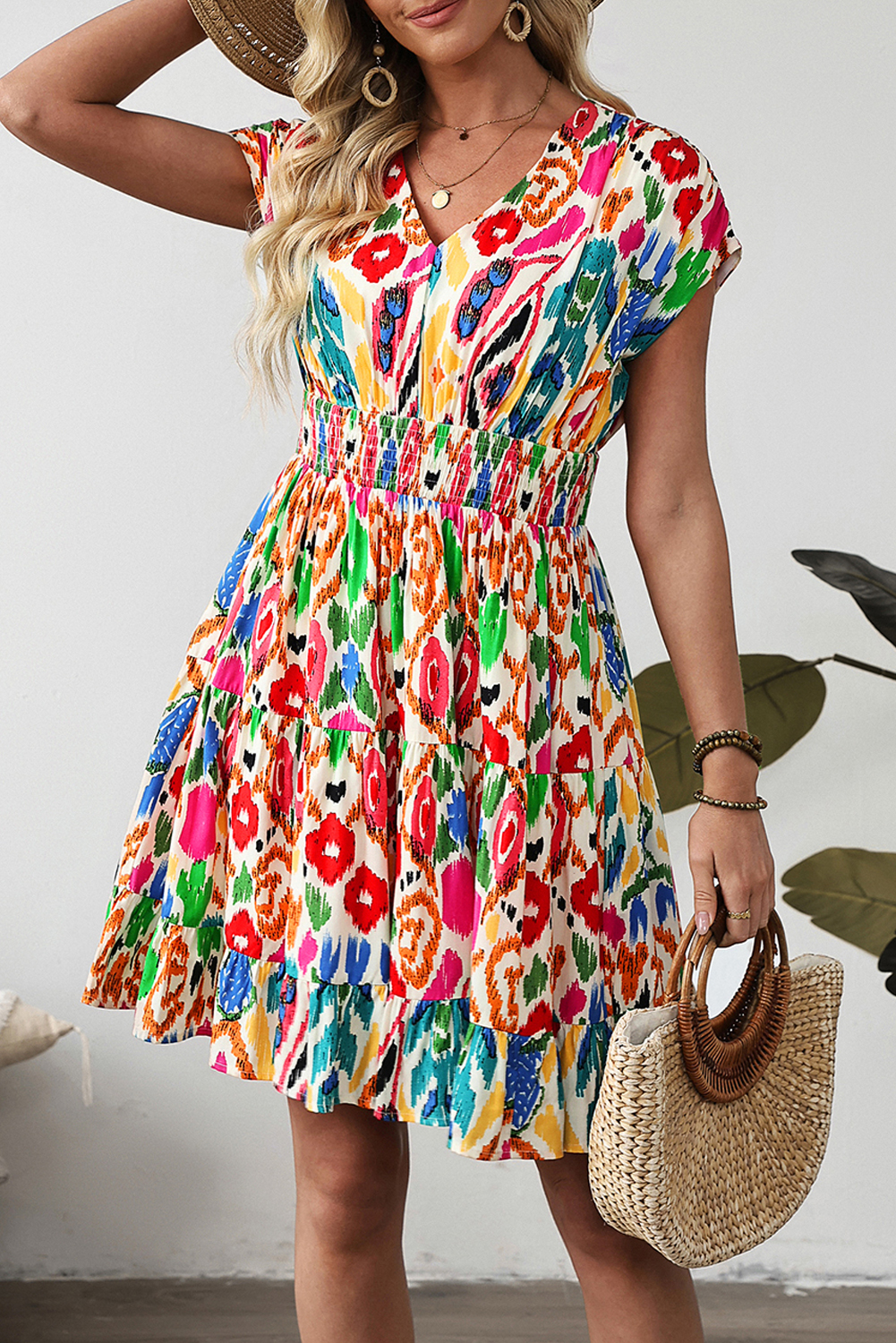 Sky Blue Abstract Print V Neck Dolman Sleeve Ruffle Tiered Mini Dress