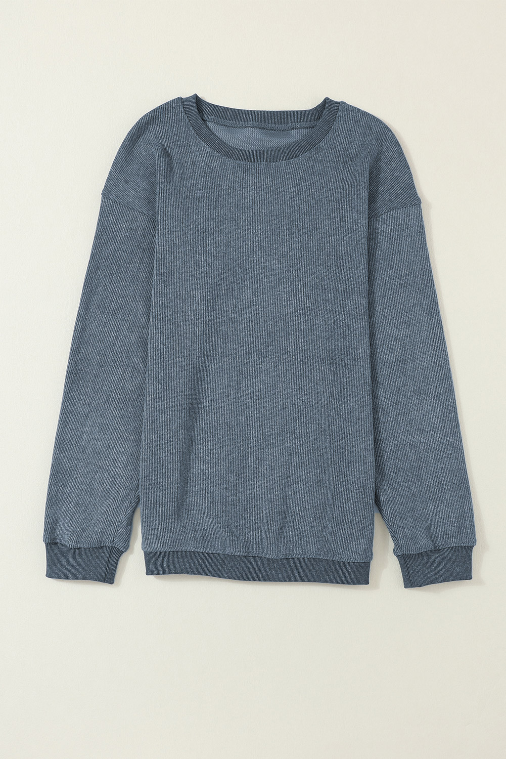 Pink Solid Ribbed Knit Round Neck Pullover Sweatshirt