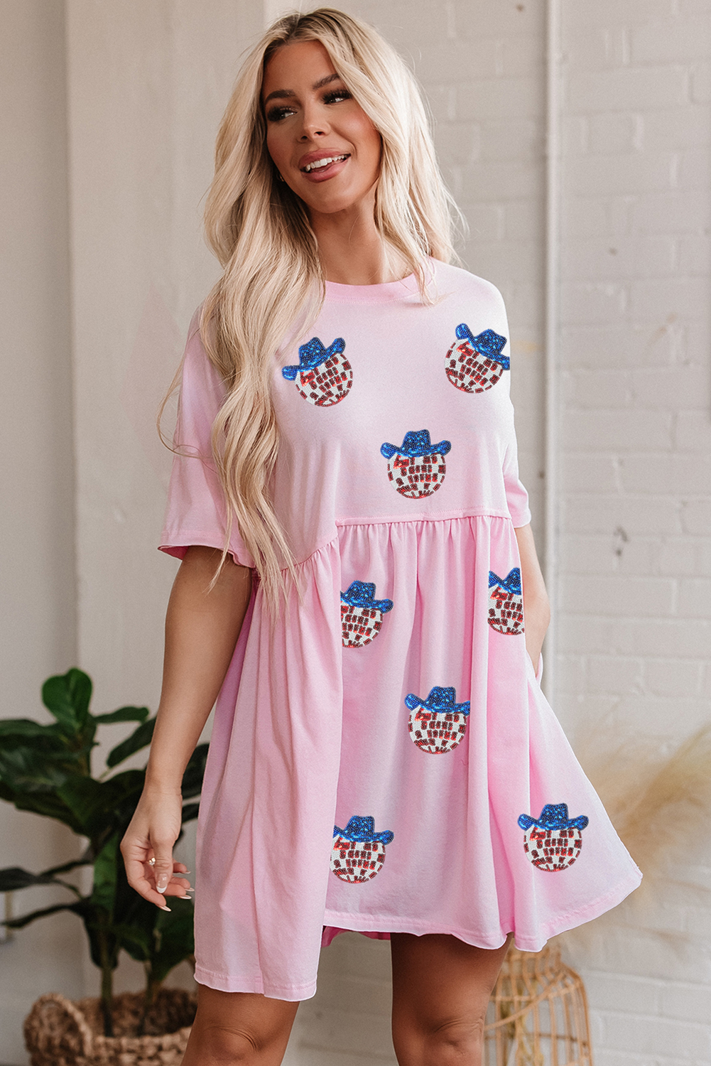 Light Pink American Flag Inspired Sequin Disco Ball Patched Shift Mini Dress