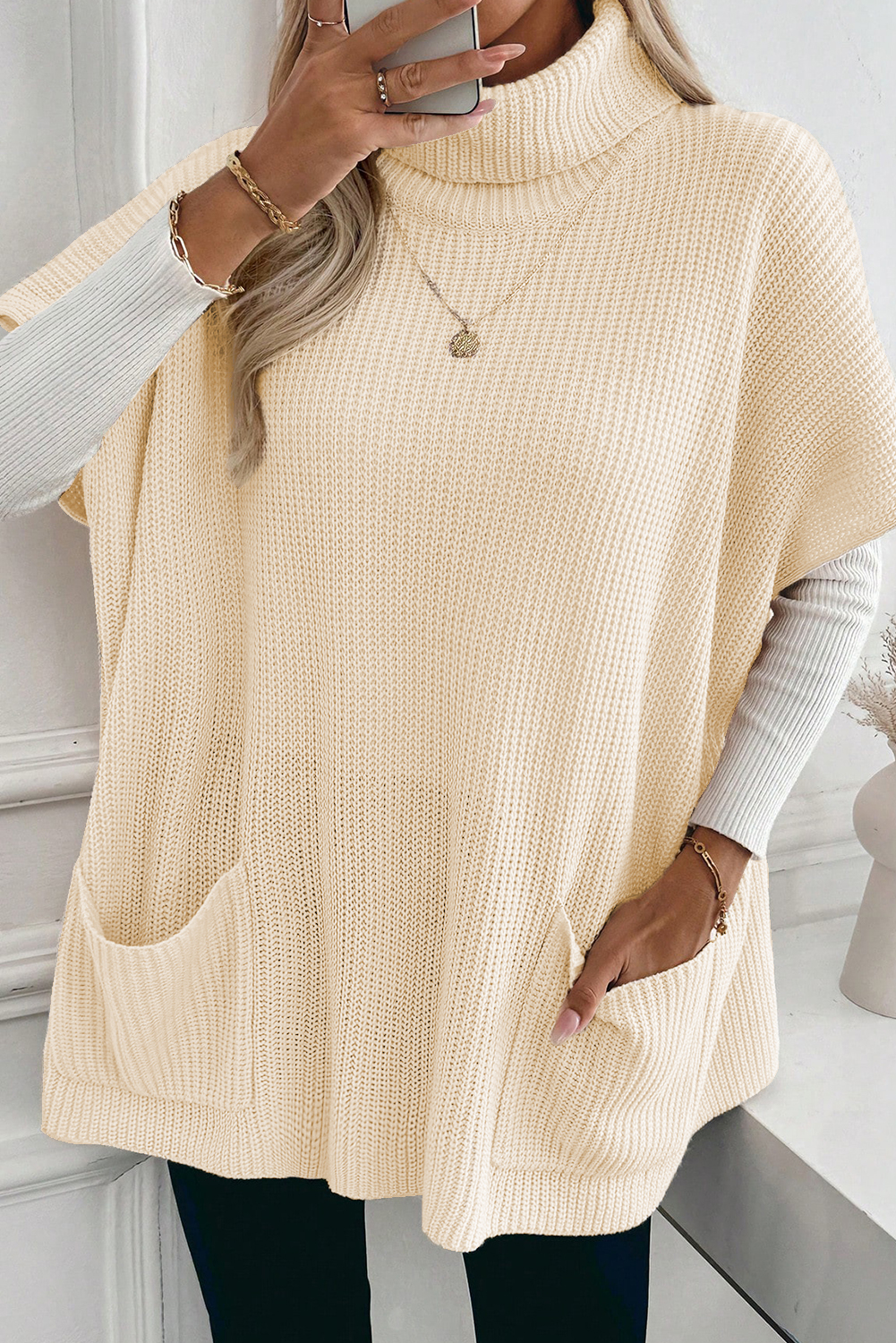 Jet Stream Plain Knit Casual Turtleneck Short Sleeve Tunic Sweater with Pockets