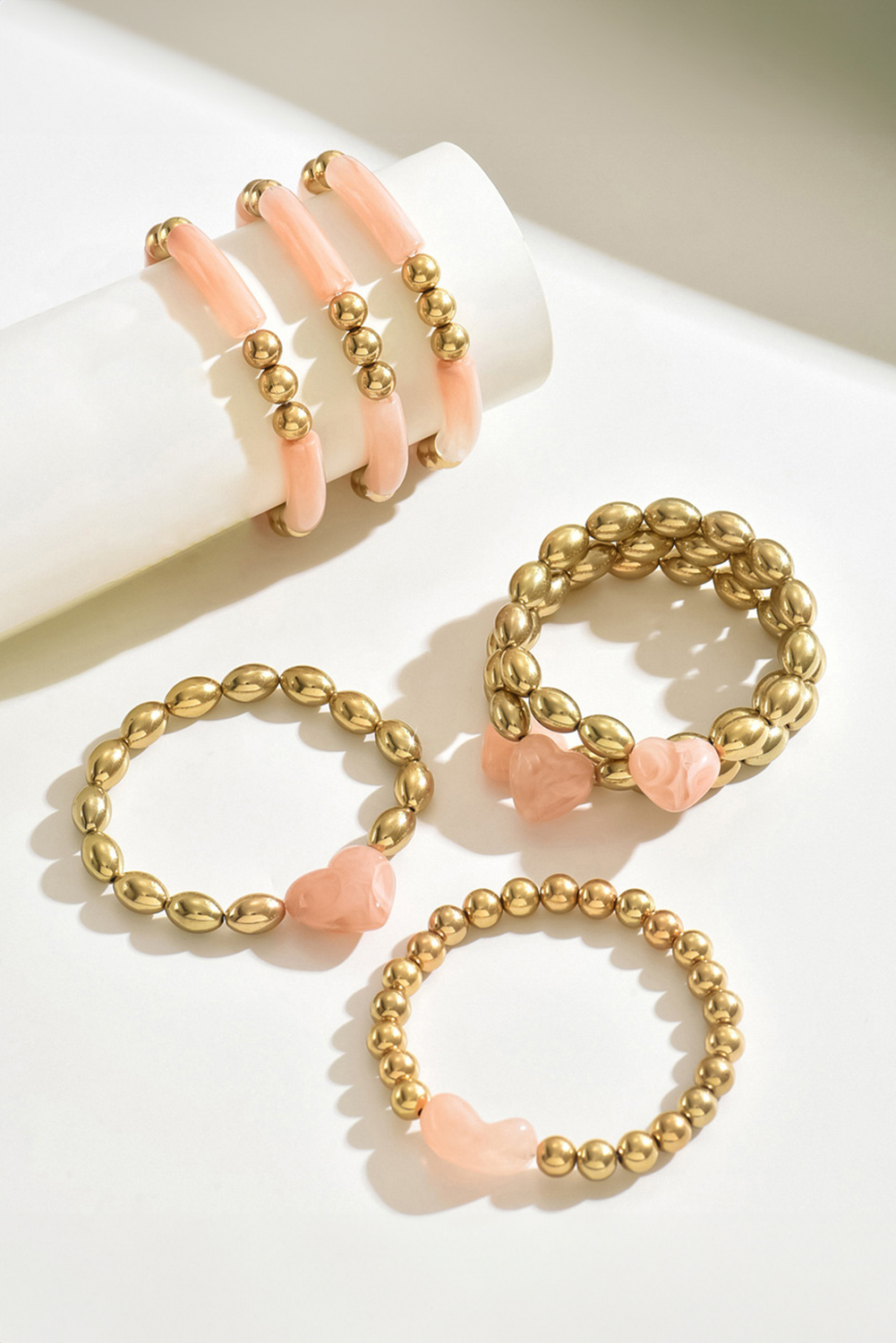 Gold Plated Bead Acrylic Detail 3D Heart Accent 8pcs Bracelet Set
