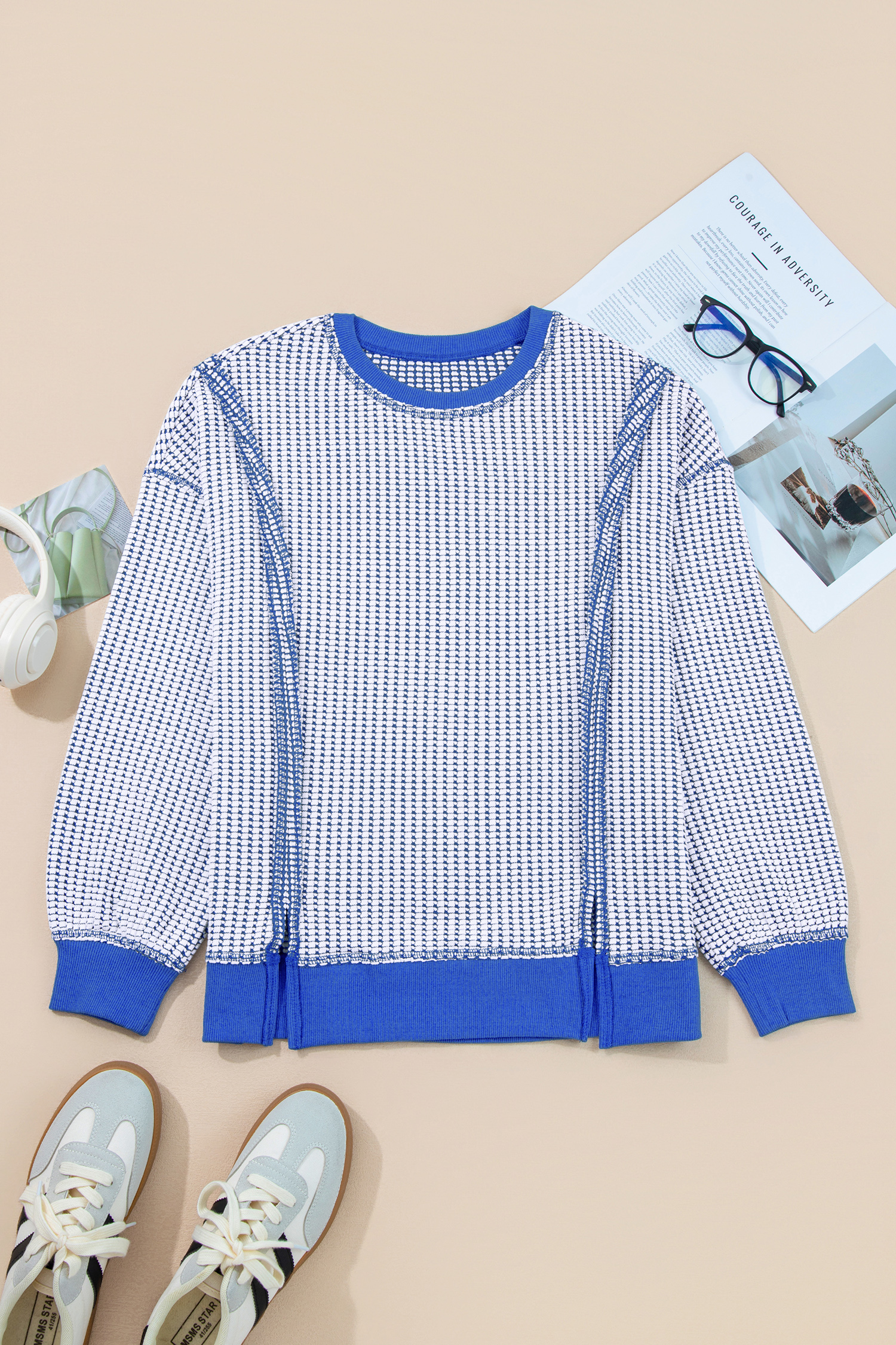 Dark Blue Waffle Knit Exposed Stitching Casual Top with Side Slits