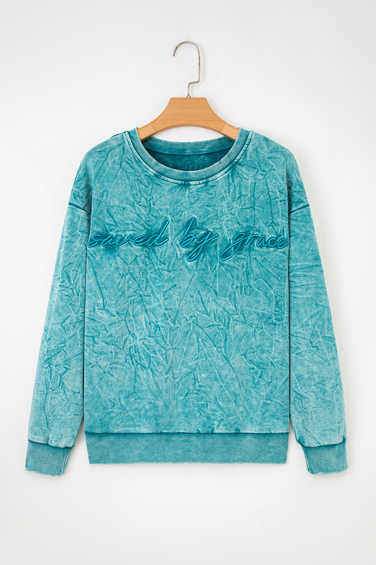 DUNE saved by grace Letter Embroidery Mineral Wash Loose Sweatshirt