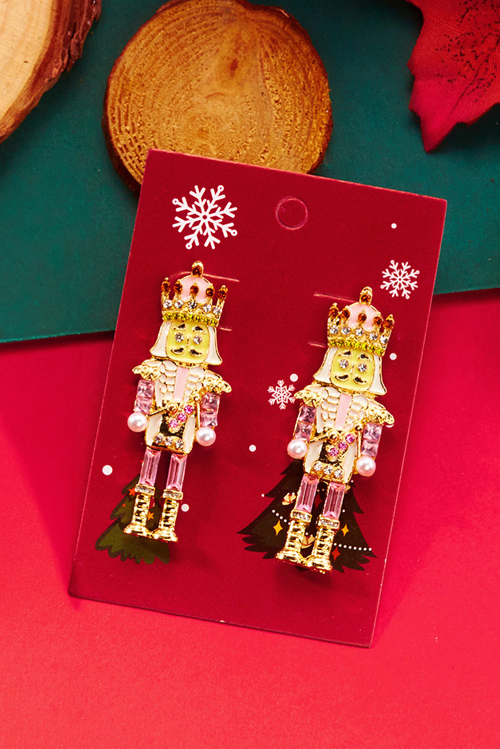 Pink Christmas Nutcracker Doll Alloy Gem Holiday Earrings