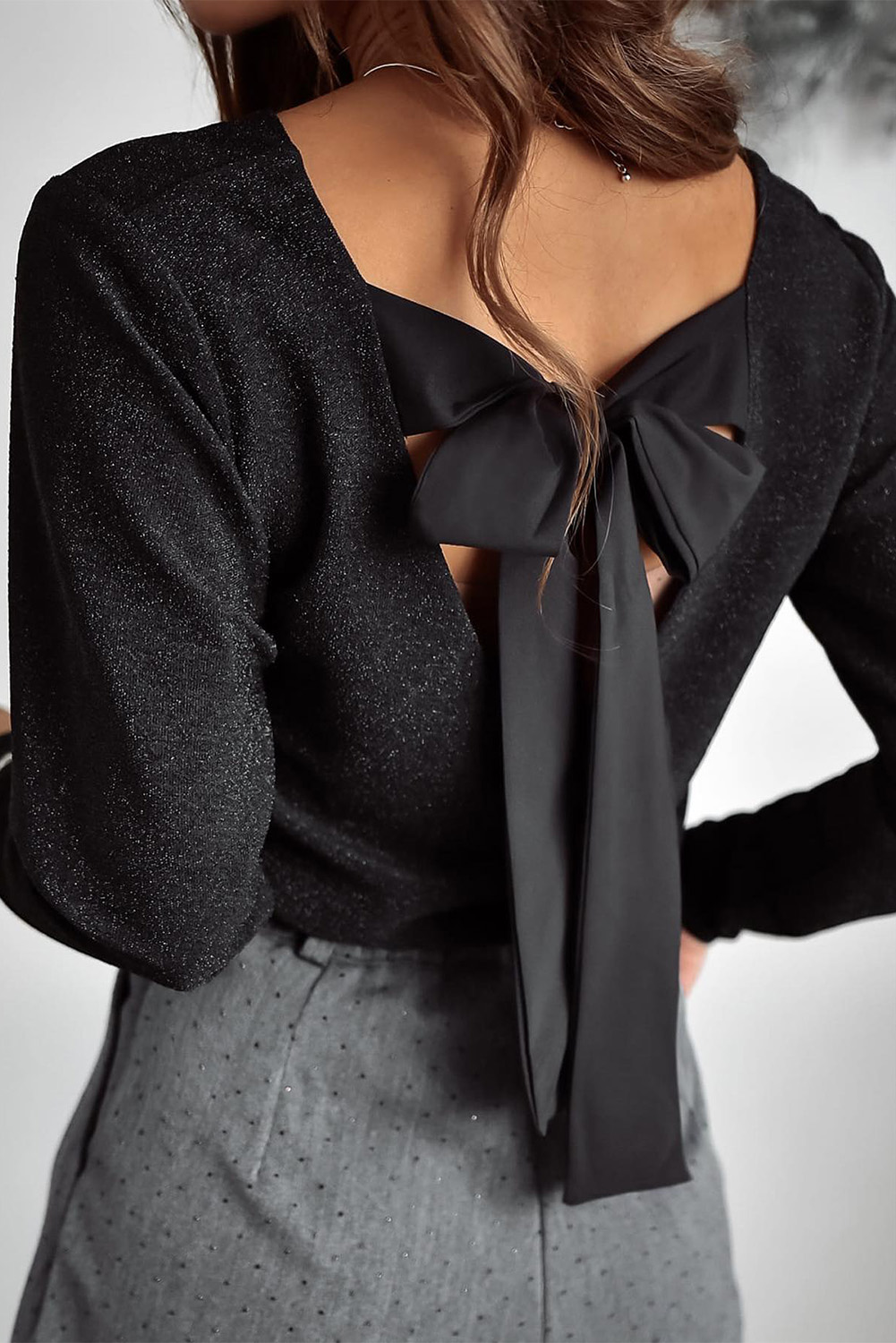 Red Metallic Bowknot Open Back V Neck Top