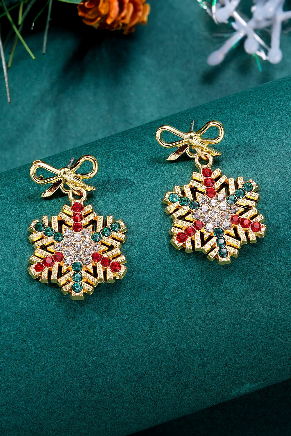 Gold Plated Bow Stud Rhinestone Embellished Snowflake Earrings