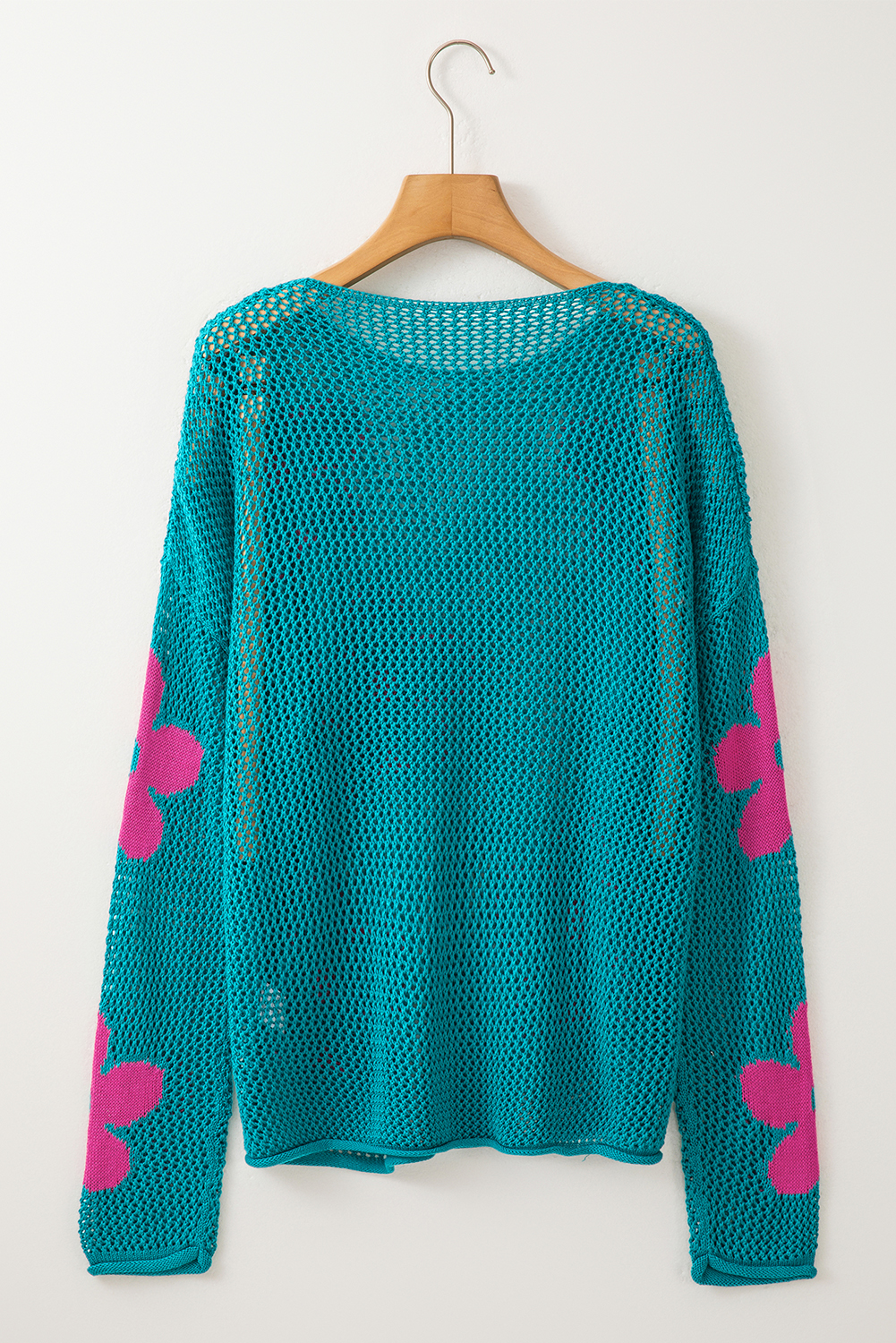 Light Pink Big Flower Hollowed Knit Drop Shoulder Sweater
