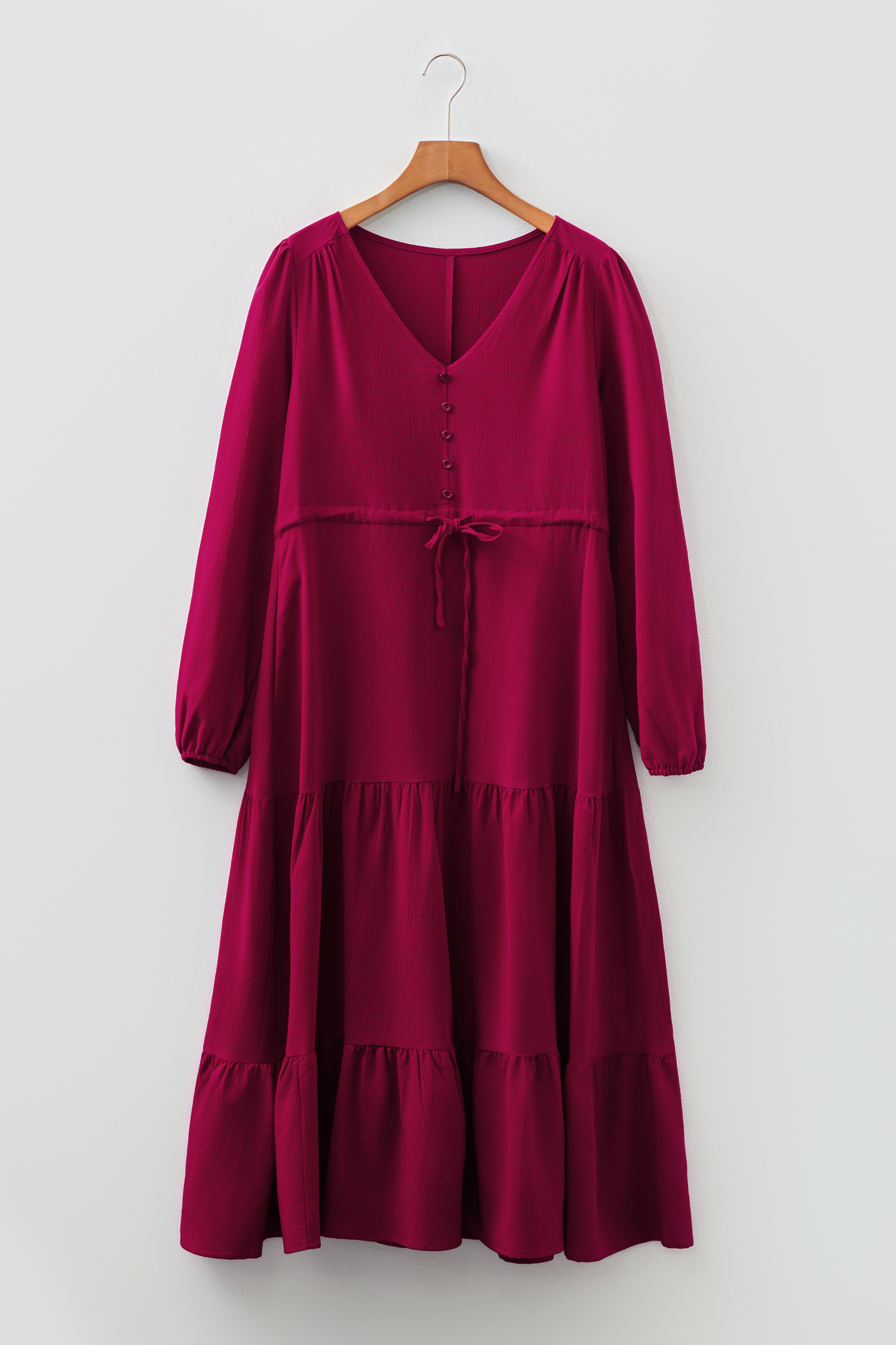 Blackish Green Solid Long Sleeve Button V Neck Tiered Maxi Dress