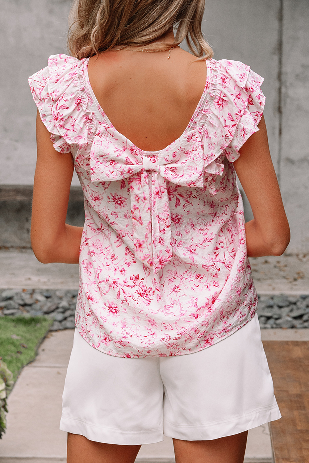 Beau Blue Textured Bow Knot Frilled Butterfly Sleeve Blouse
