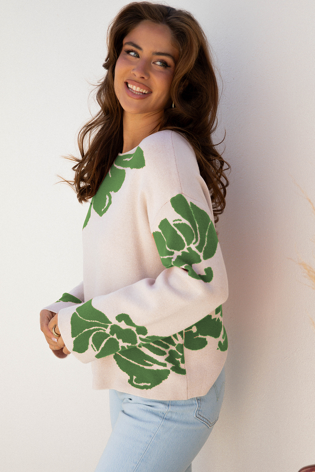 Beige Bold Flower Pattern Wide Sleeve Baggy Sweater