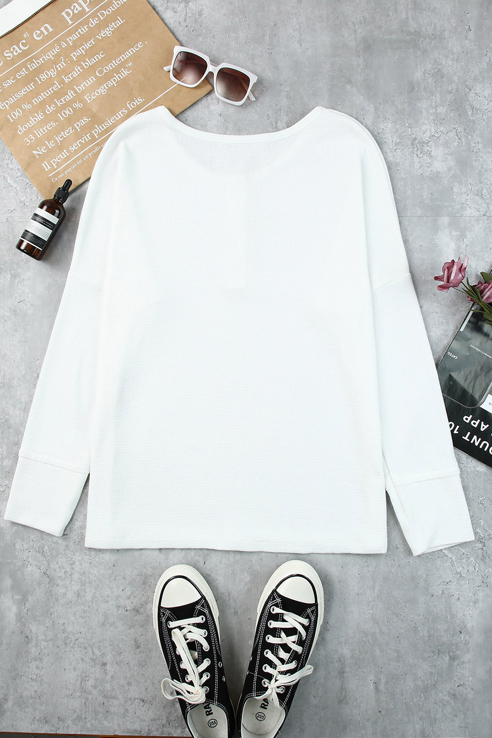 Black Waffle Knit Henley Top