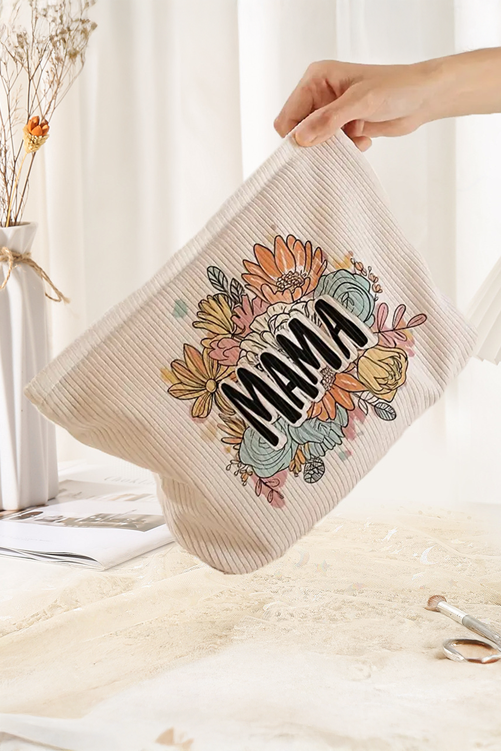White MAMA Flower Print Corduroy Large Cosmetic Bag