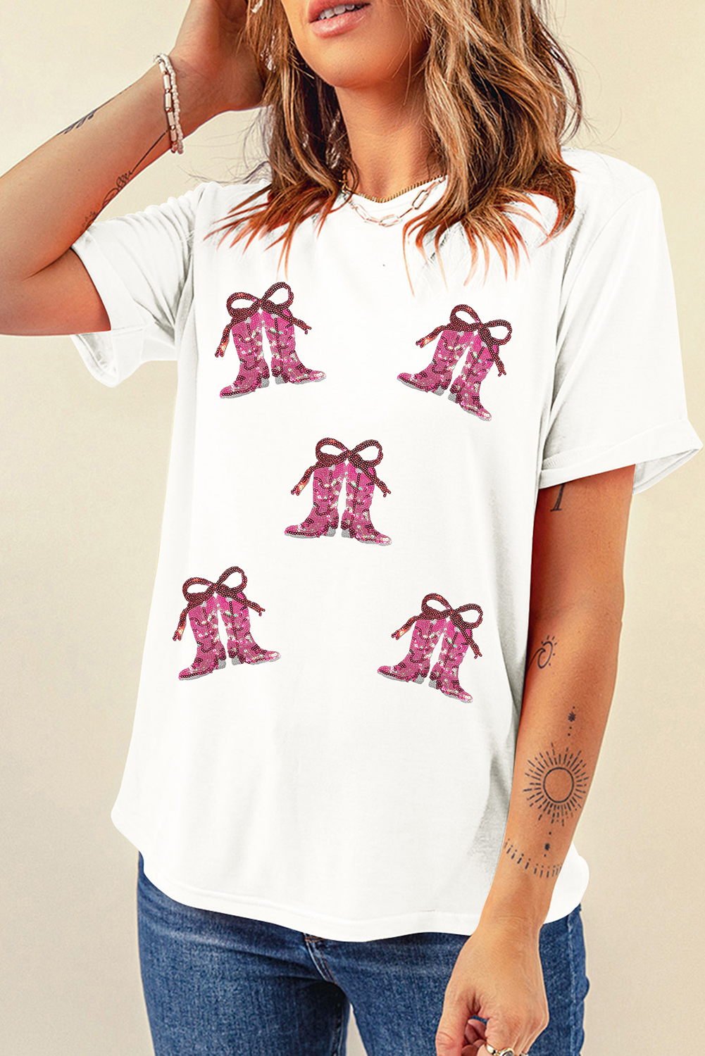 White Sequined Cowgirl Boots Patched Custom Print T Shirt