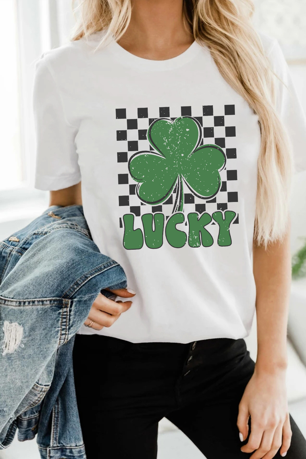 White Checker LUCKY Clover Printed St Patricks T Shirt