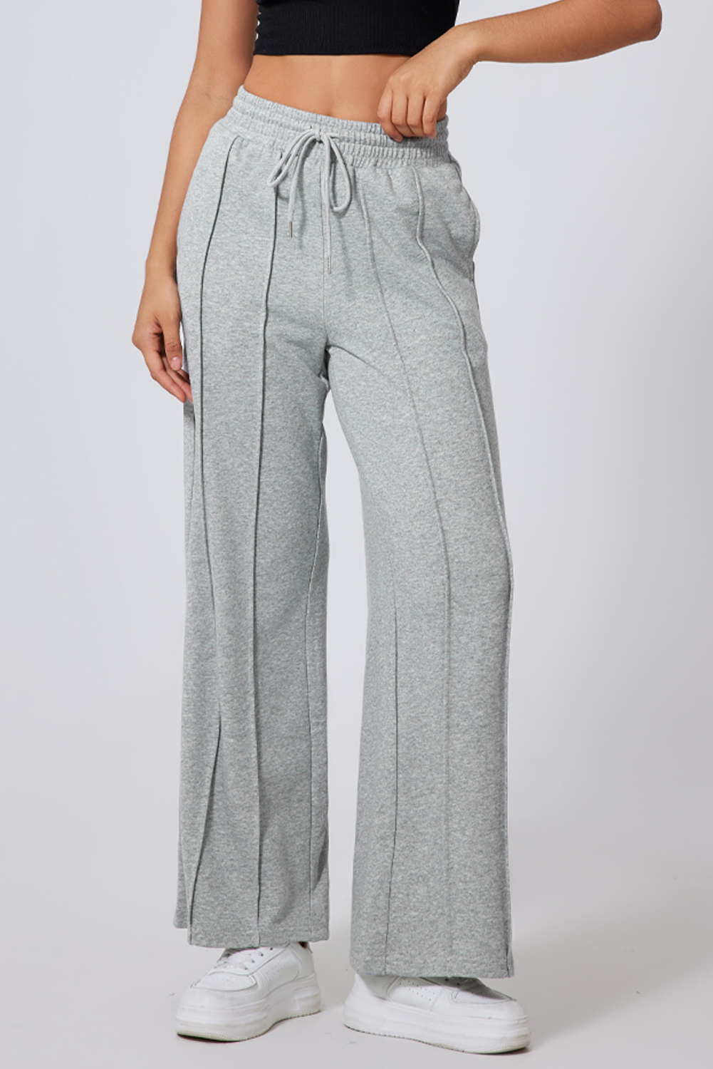 Black Seamed Drawstring High Waist Wide Leg Sweatpants