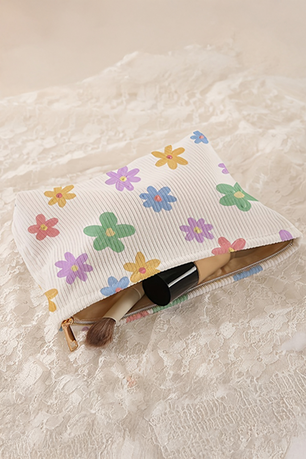 White Flower Print Rib Textured Large Cosmetic Bag