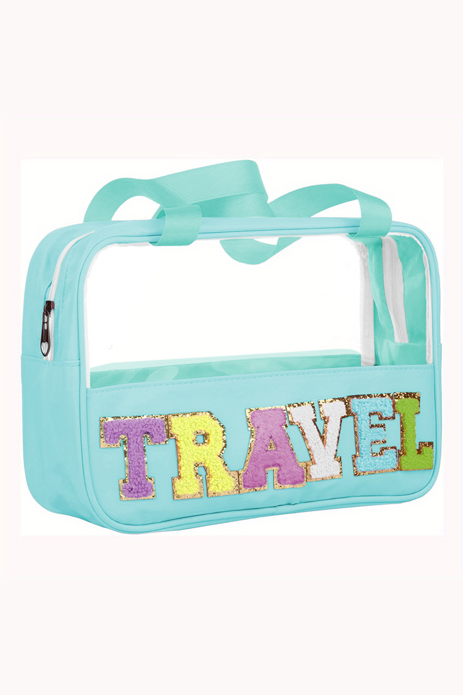 Light Pink TRAVEL Chenille Letter Clear PVC Makeup Bag