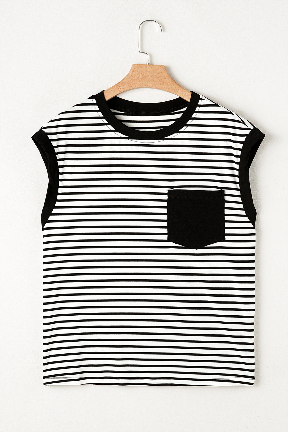 Red Stripe Chest Pocket Patch Round Neck Tank Top