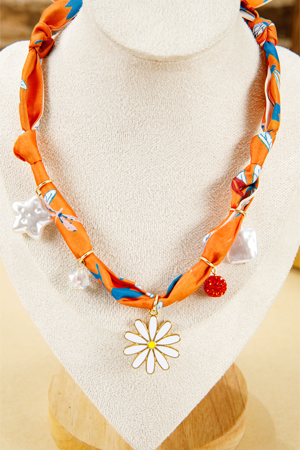 Orange Dragonfly Print Daisy Flower Pearl Crystal Decor Ribbon Necklace