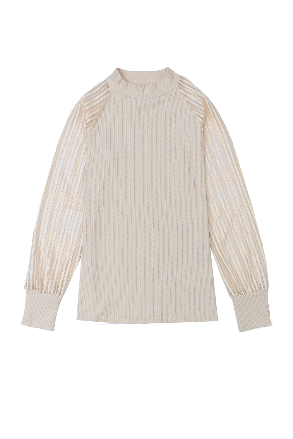 Gray Striped Mesh Long Sleeve Crewneck Ribbed Top
