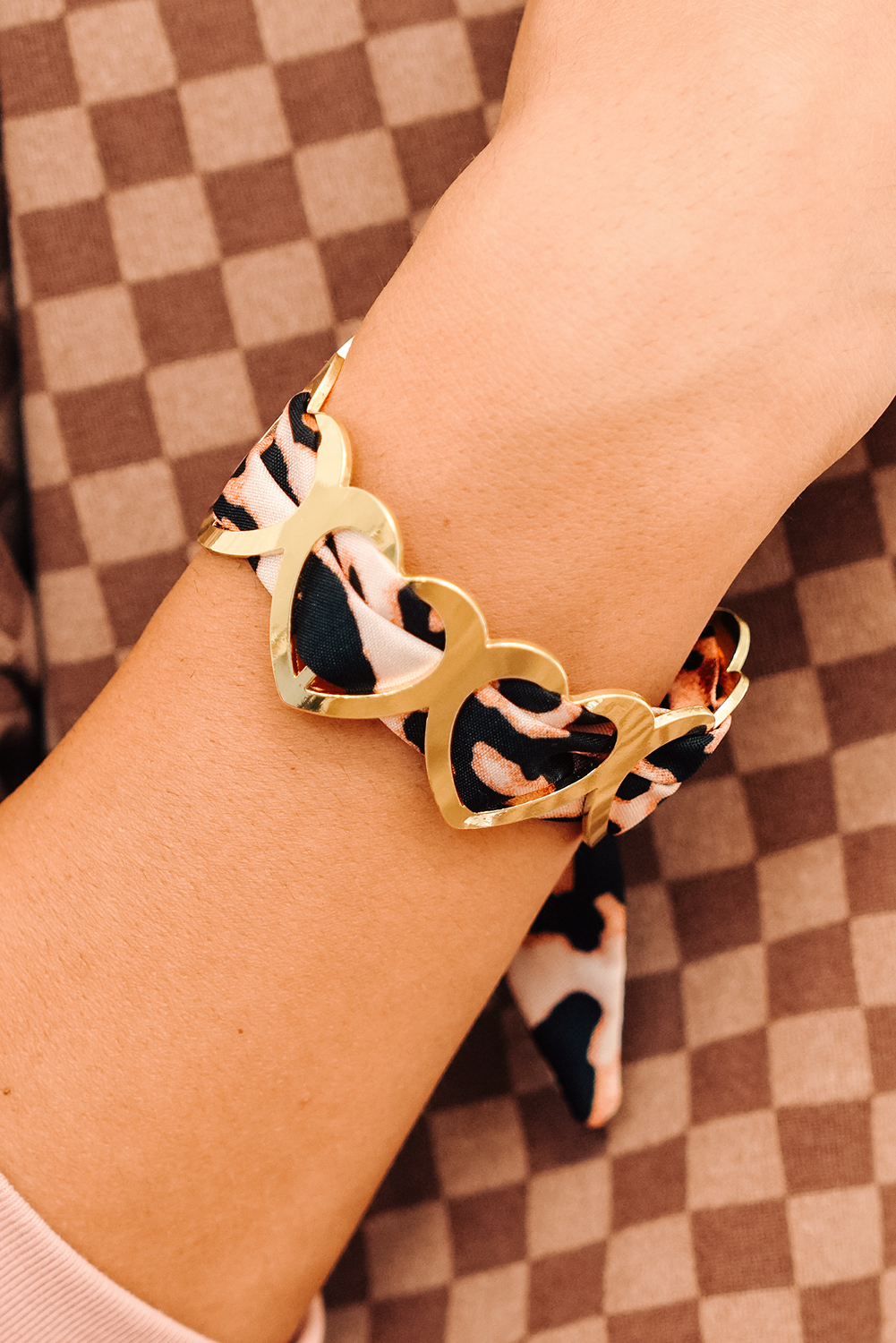 Camel Leopard Ribbon Twine Around Gold Plated Heart Bracelet