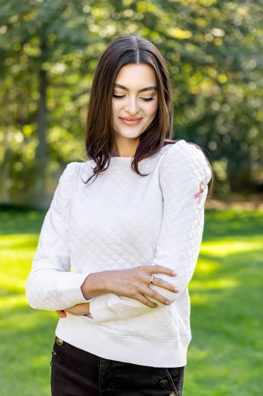 Breast Cancer Awareness Quilted Puff Sleeve Sweatshirt - luftunsa