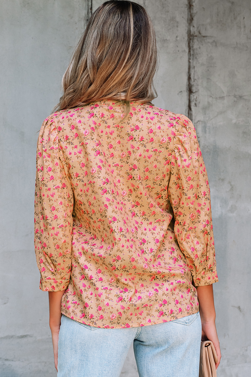 Light French Beige Floral Print Bow Pintuck Bust Half Puff Sleeve Blouse Top