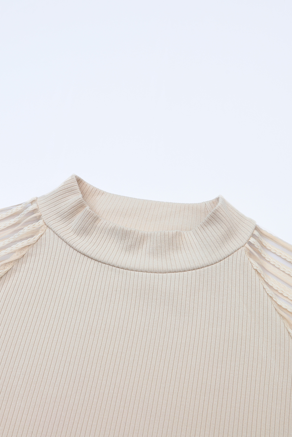 Gray Striped Mesh Long Sleeve Crewneck Ribbed Top