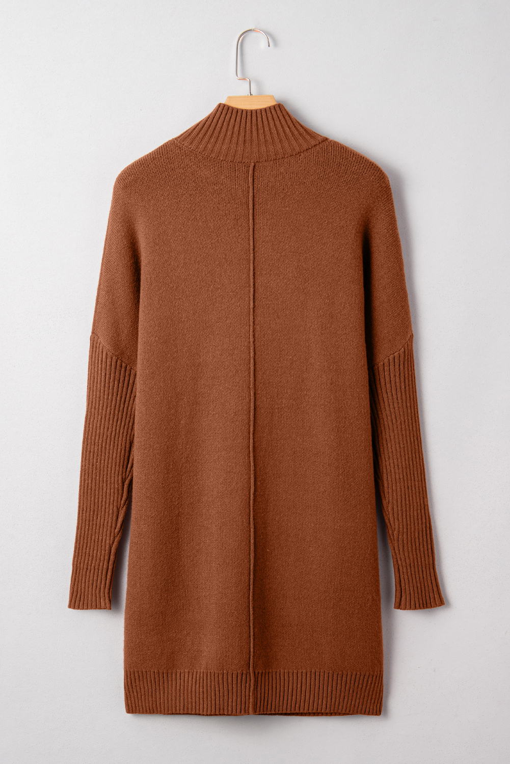 Fiery Red Ribbed High Neck Front Pockets Center Seam Shift Sweater Dress