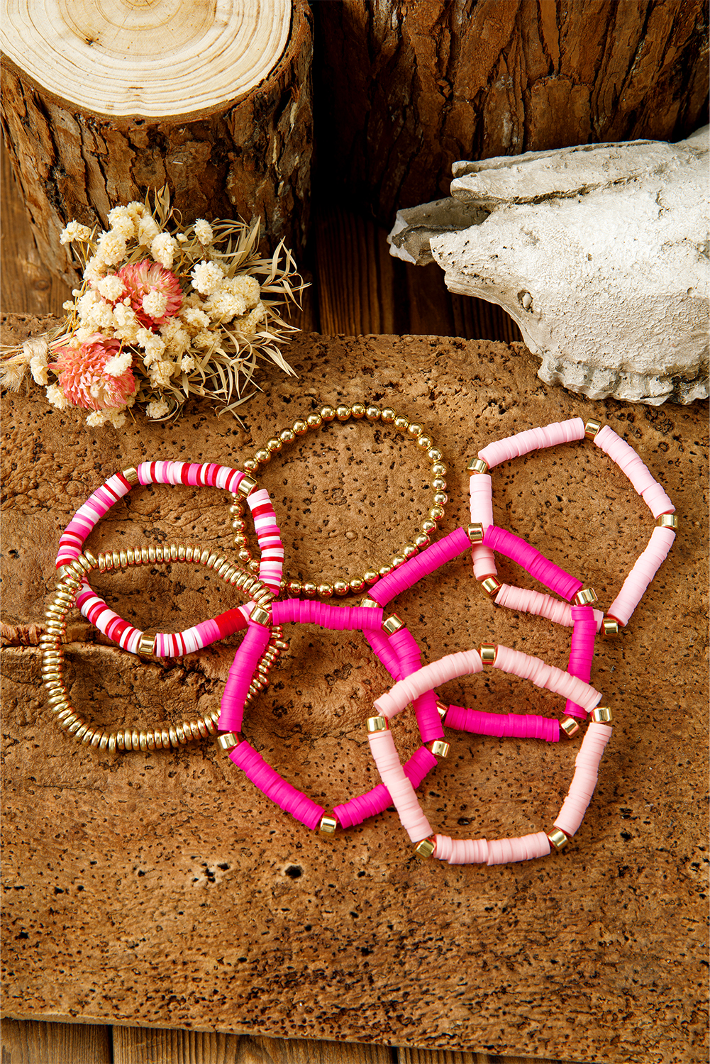 Bright Pink 7pcs Gold Plated Clay Beading Multi Layered Bracelet Set