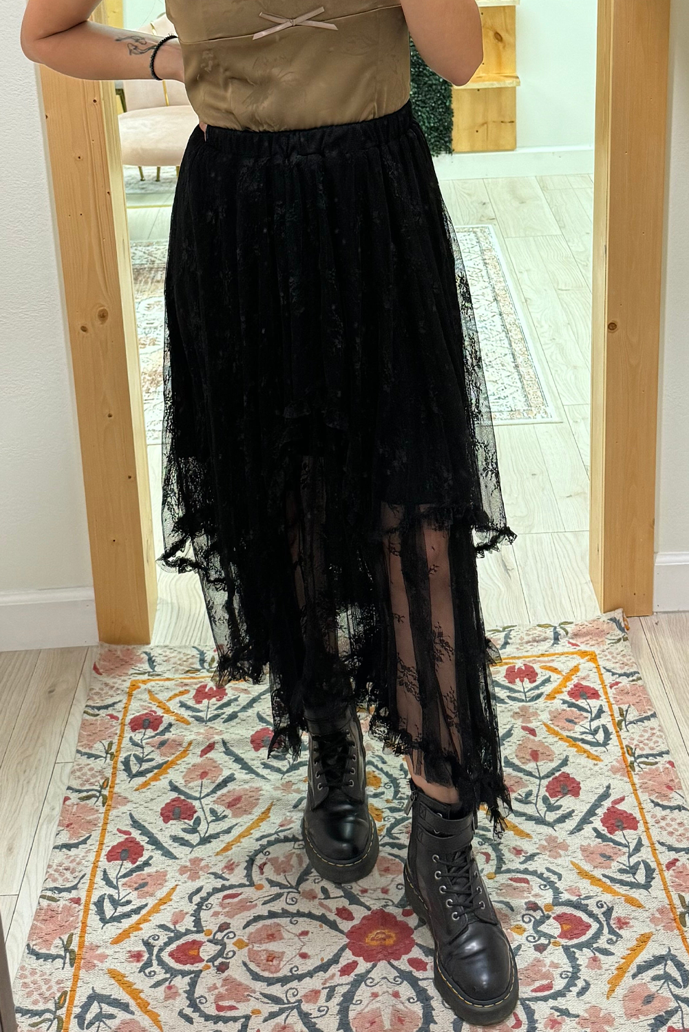 Apricot Lace Cascading Tiered High Waist Maxi Skirt