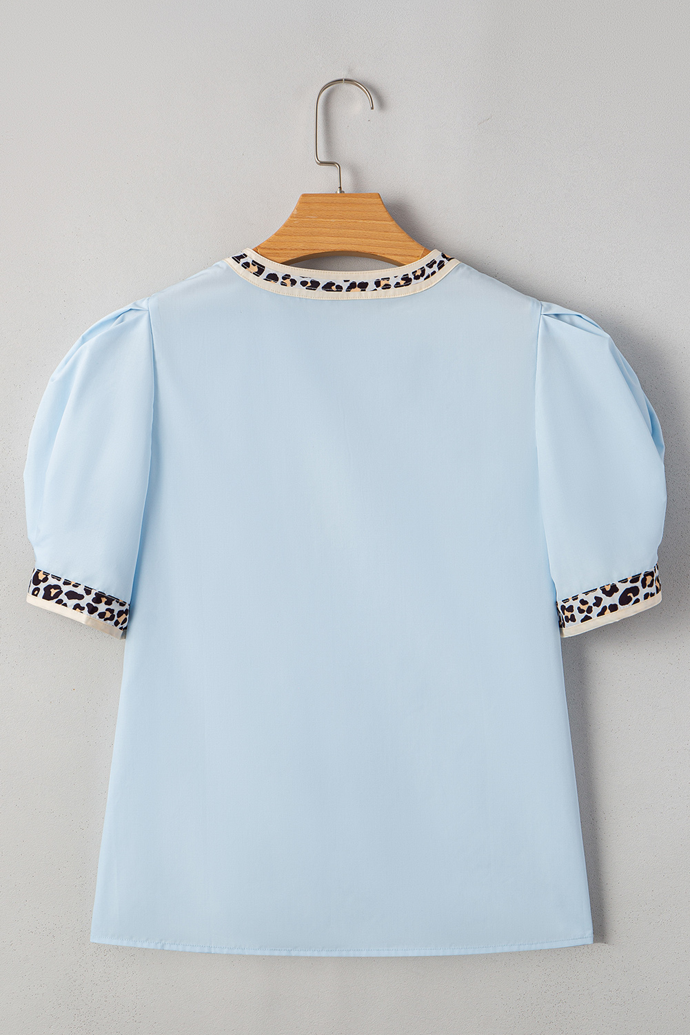 Buckskin Contrast Leopard Trim Split Neck Puff Sleeve Blouse