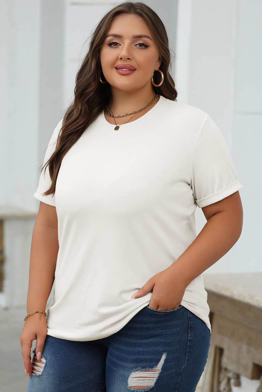 Khaki Casual Plain Crew Neck Tee