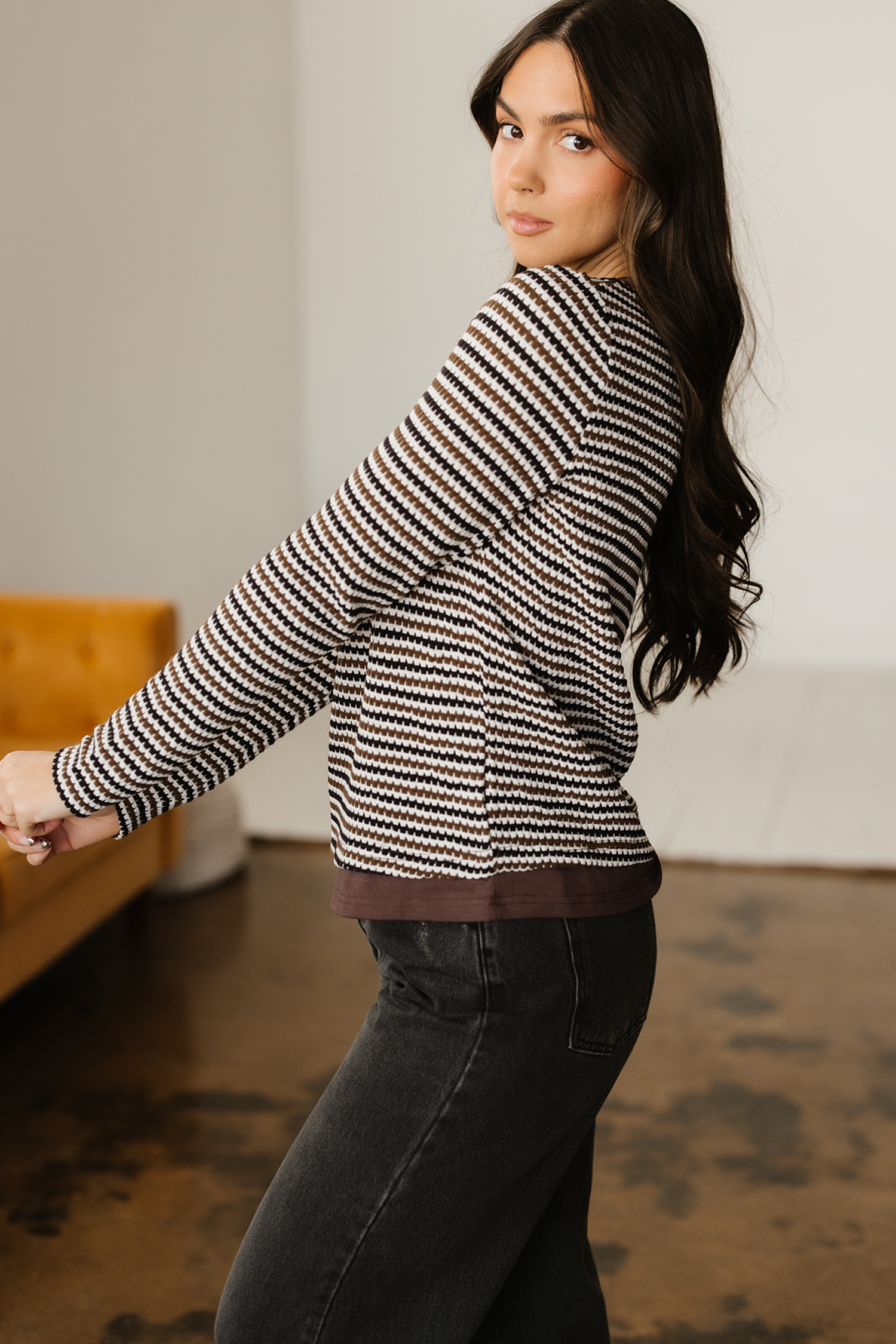 Brown Faux Two Piece Textured Striped Round Neck Long Sleeve T Shirt