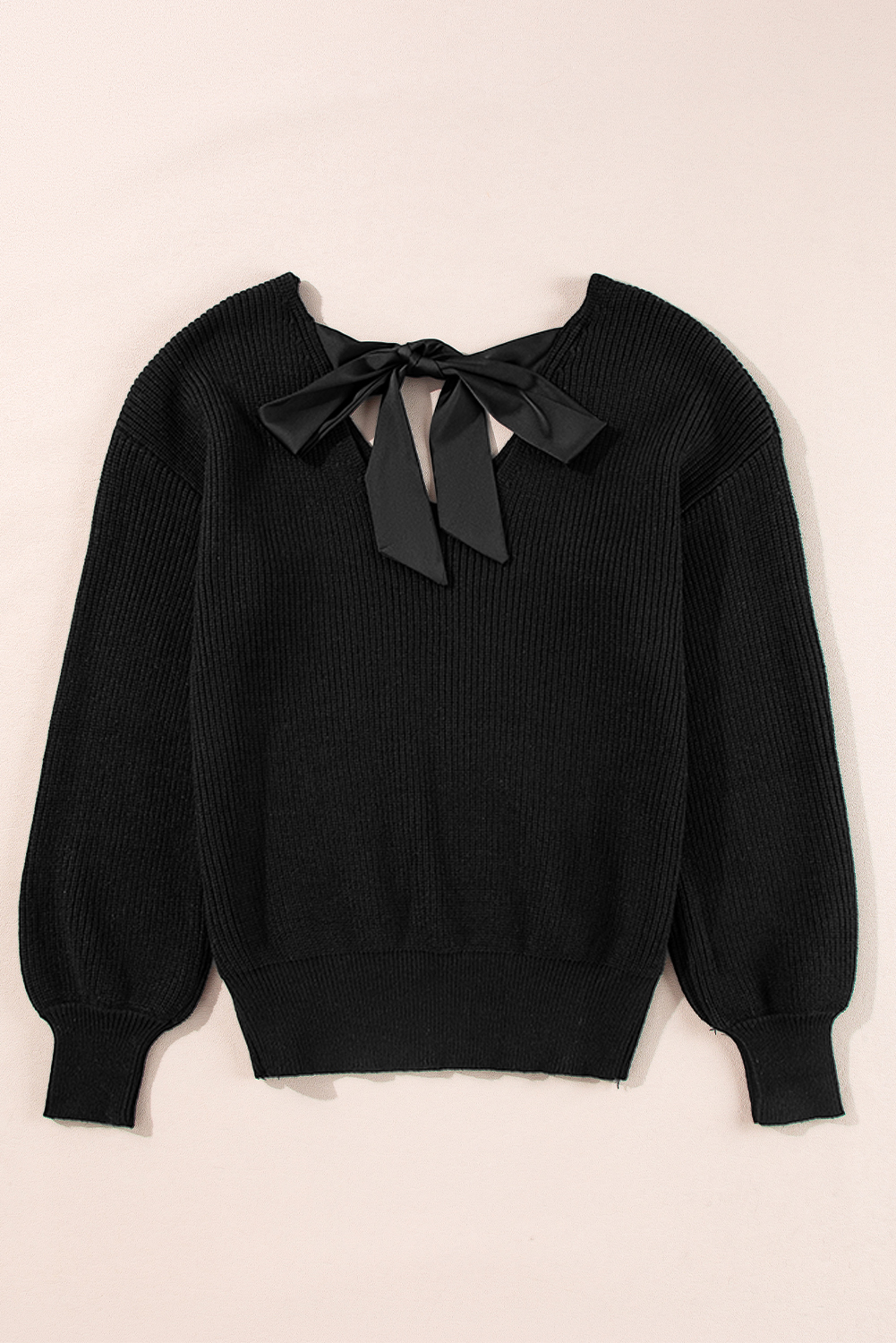 Racing Red Lantern Sleeve V Neck Knot Back Sweater