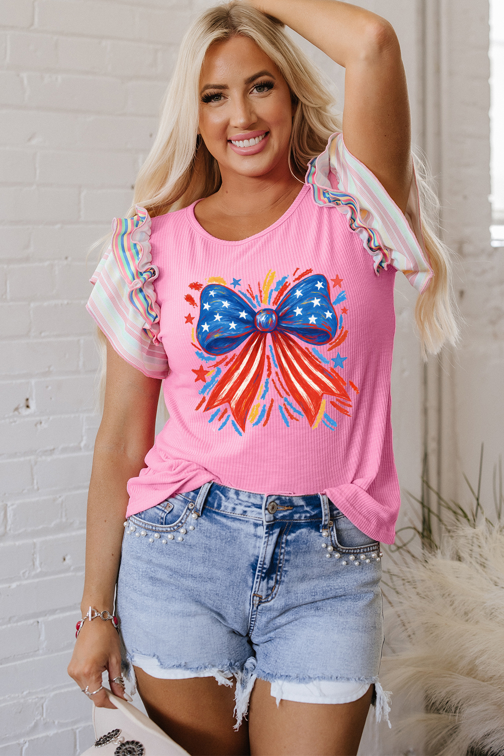Bonbon Striped Ruffle Flutter Sleeve Ribbed Blouse