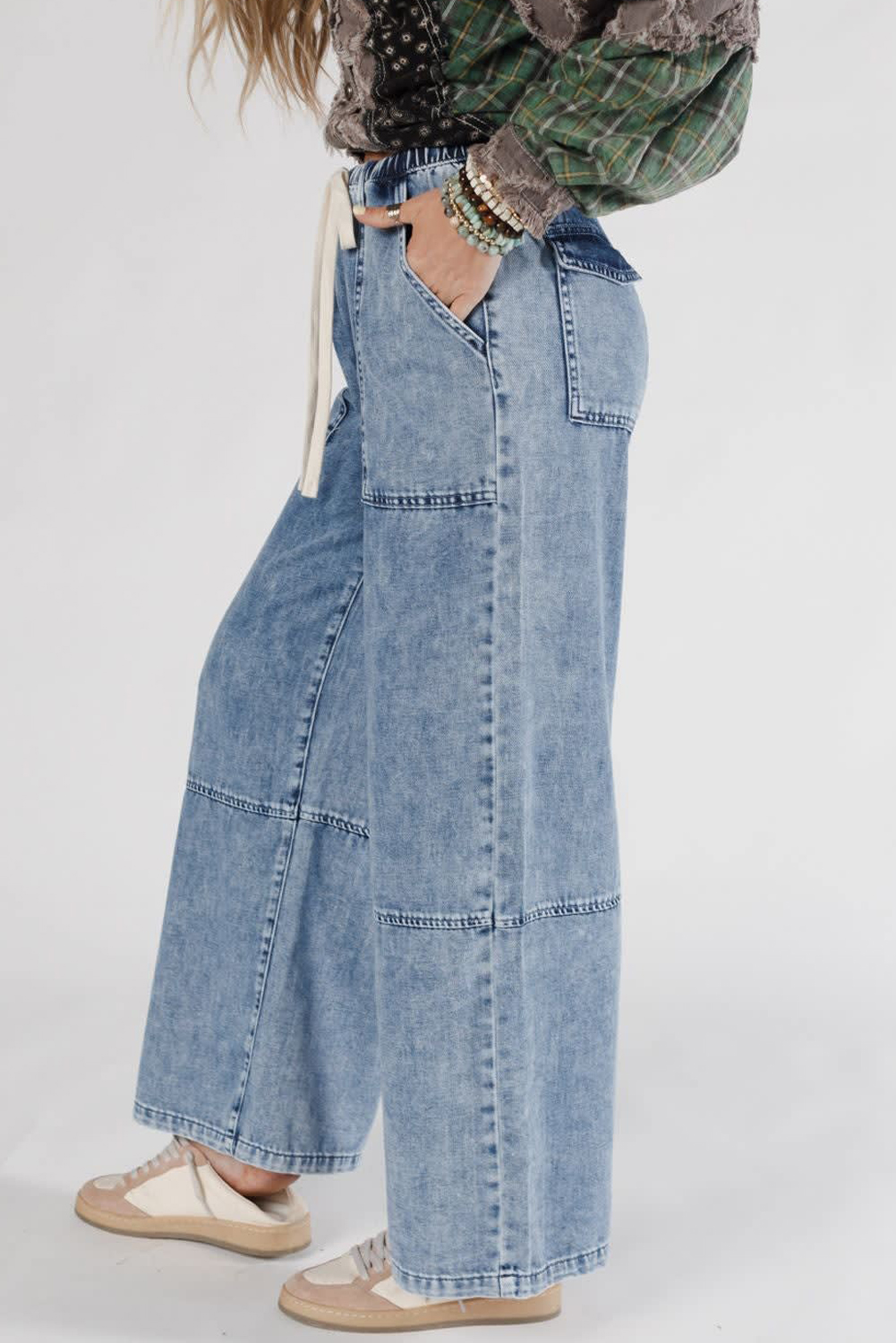 Ashleigh Blue Acid Wash Exposed Seam Drawstring Elastic Waistband Jeans