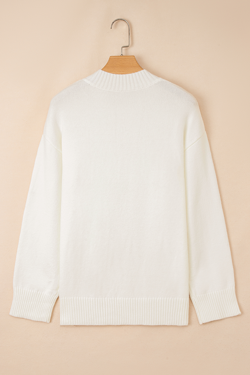 White Embroidered Flower Bouquet Ribbed Trim Loose Sweater