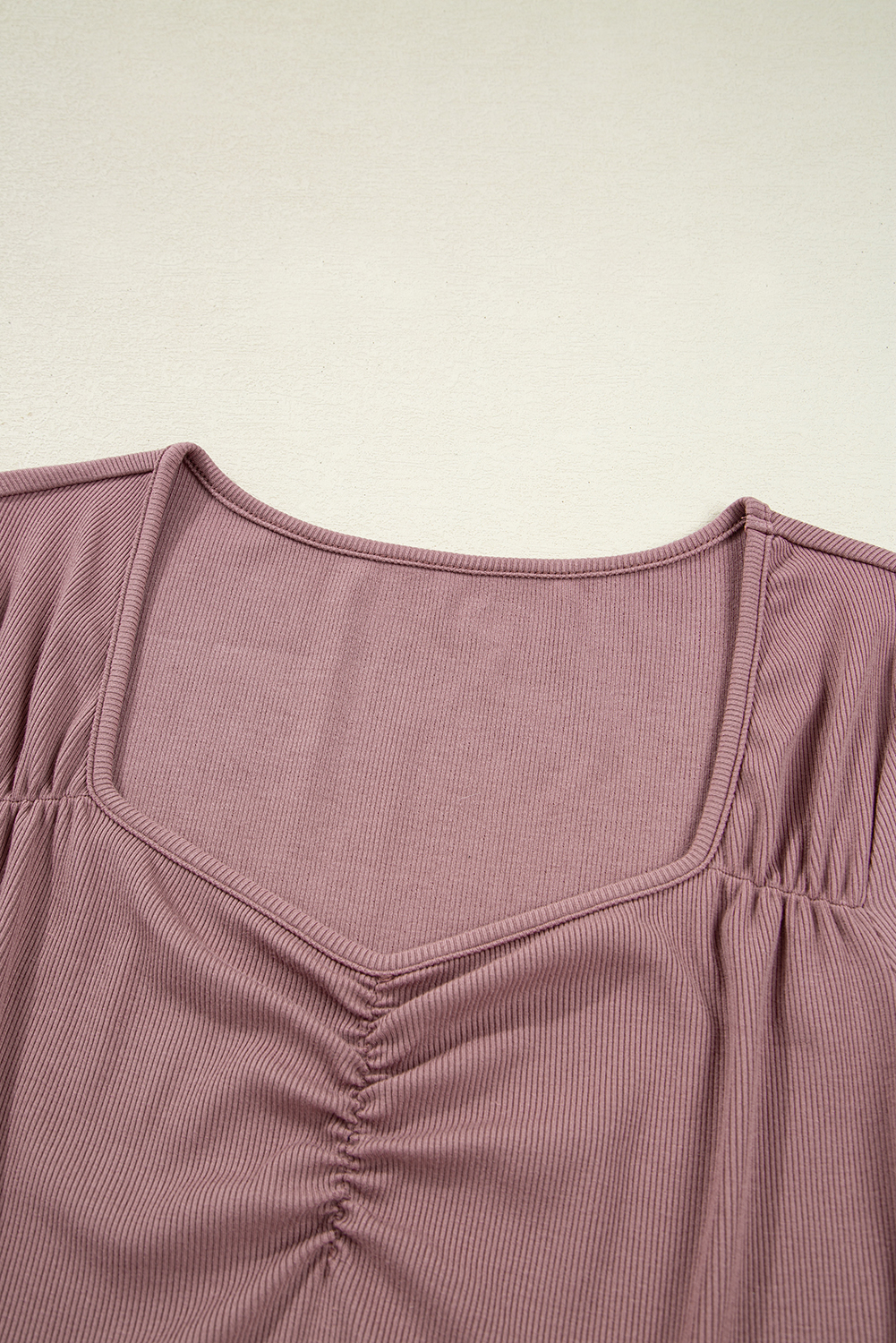 Burgundy Gathered Bust Square Neck Ribbed Fit Long Sleeve Top