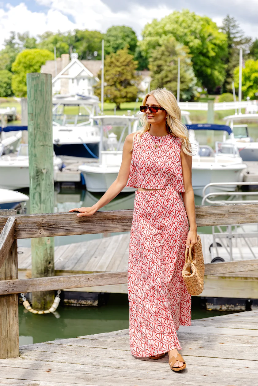 Red Seashell Print Maxi Skirt Set - luftunsa